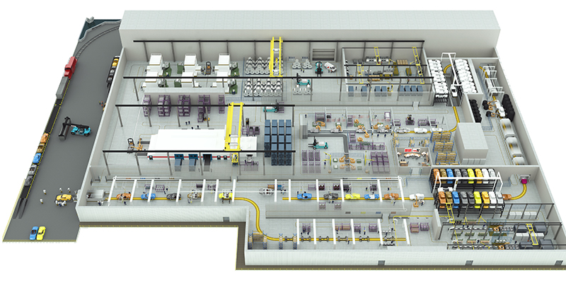 Automotive facility with cranes