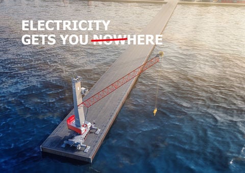 A pier with a Konecranes Mobile Harbor Crane. Image text saying "Electicity gets you nowhere" but "now" is overlined.