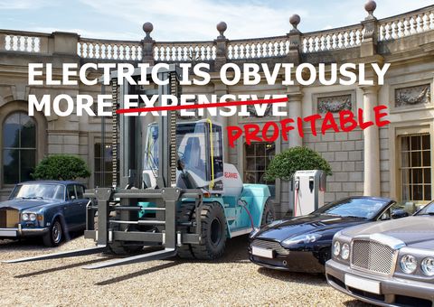 In front of a mansion balcony there are parked cars and a Konecranes Lift Truck. Text says "Electric is obviously more expensive" but the word "expensive" is overlined and replaced with "profitable"