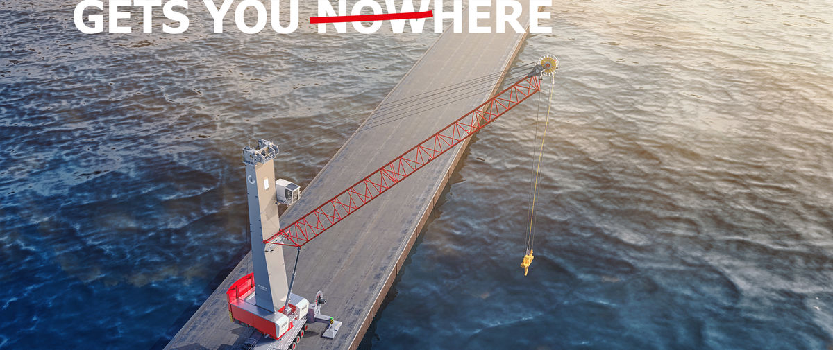 A pier with a Konecranes Mobile Harbor Crane. Image text saying "Electicity gets you nowhere" but "now" is overlined.