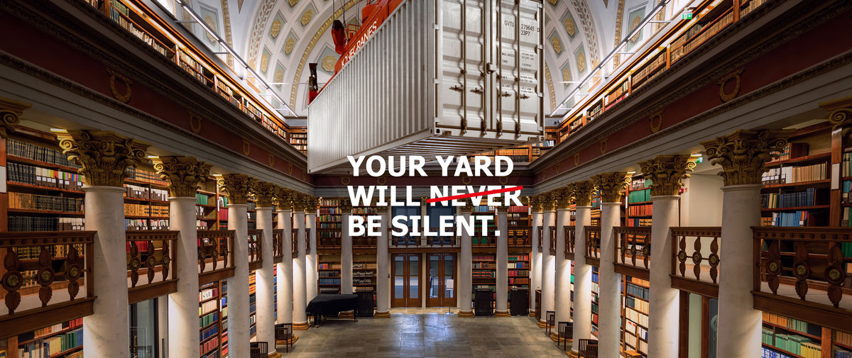 A picture of a library with container hanging from the top. Image text says "Your yard will never be silent" with the word "never" overlined.