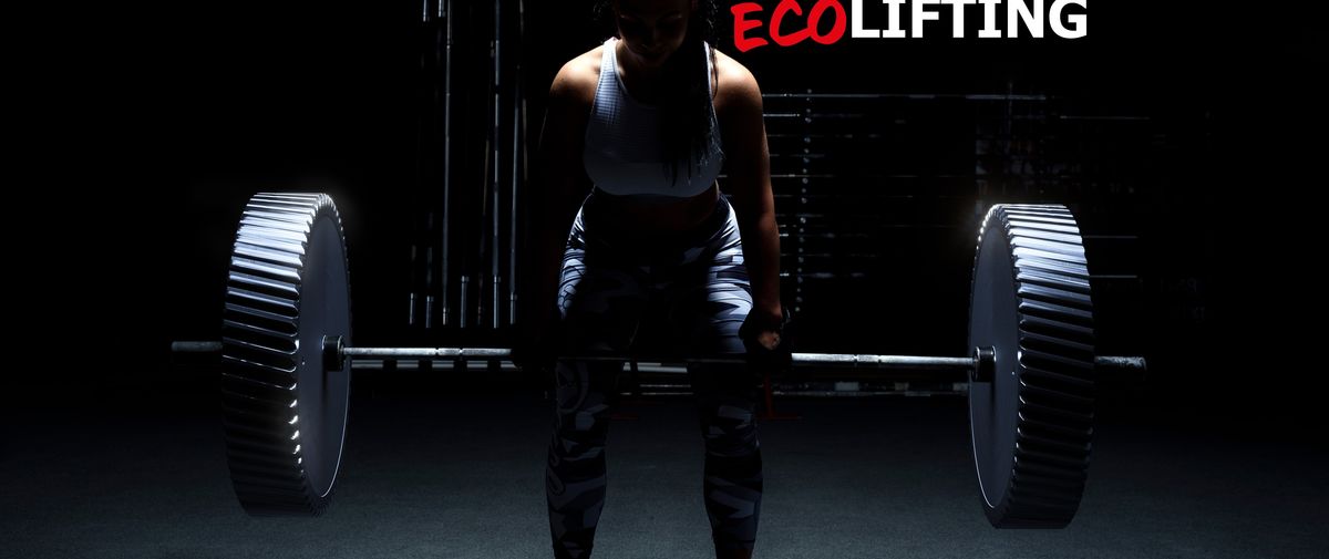 A woman lifting weights in a dark room, with a text "Core of Ecolifting" with Eco highlighted in red